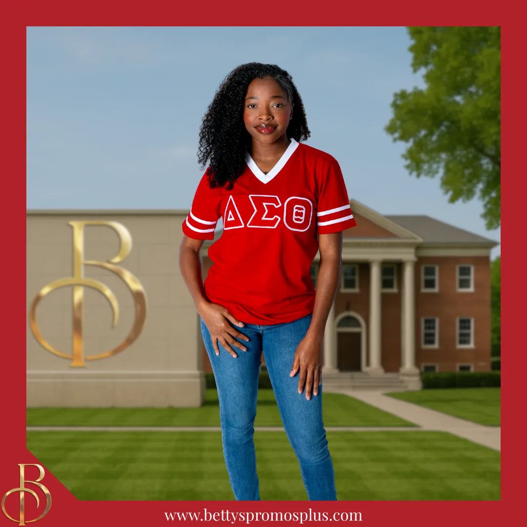Delta Sigma Theta ΔΣΘ Double Stitched Appliqué Embroidered Jersey T-Shirt-Delta Sigma Theta Paraphernalia-Delta Sigma Theta T-Shirts-Betty's Promos Plus