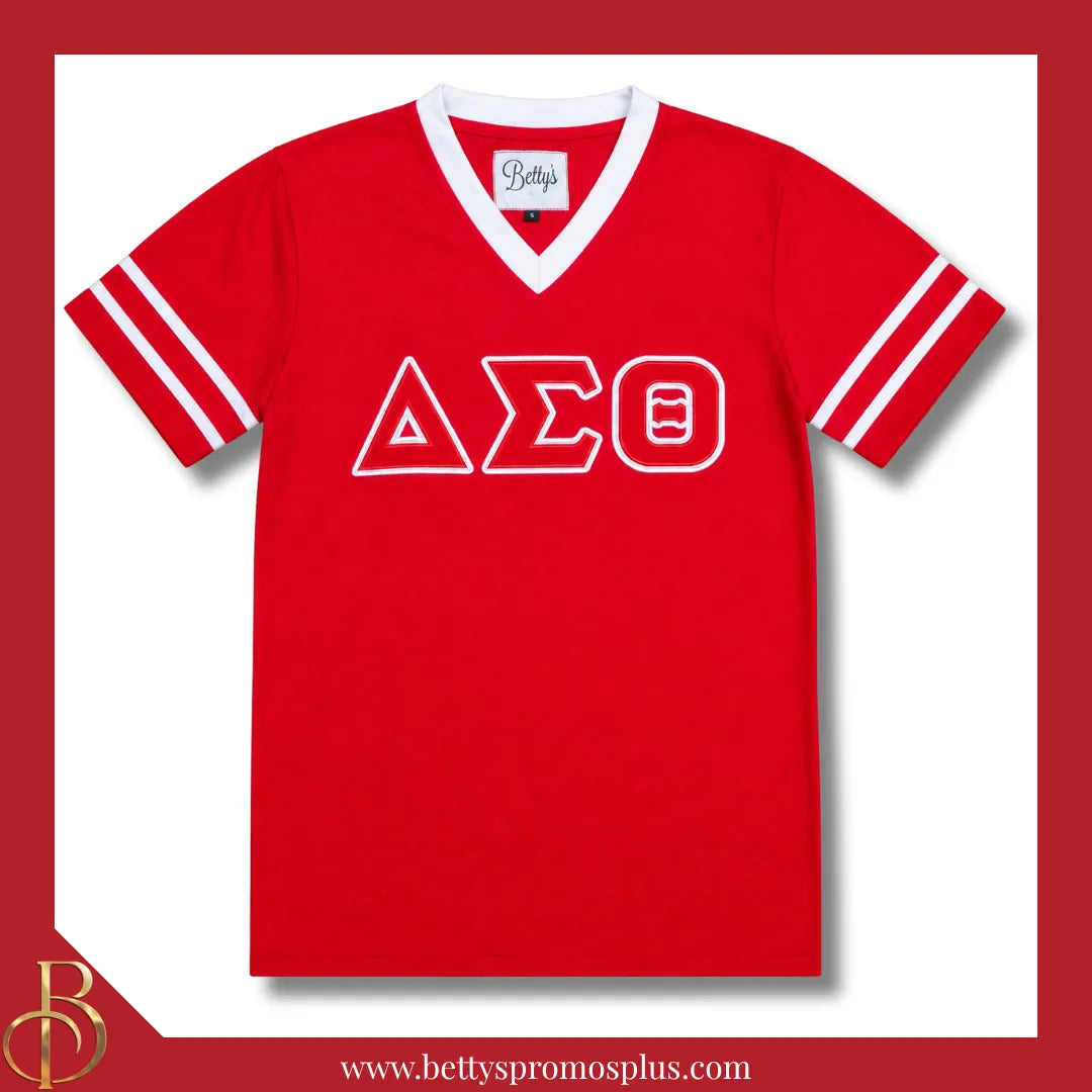 Delta Sigma Theta ΔΣΘ Double Stitched Appliqué Embroidered Jersey T-Shirt-Red-Small-Delta Sigma Theta Paraphernalia-Delta Sigma Theta T-Shirts-Betty's Promos Plus
