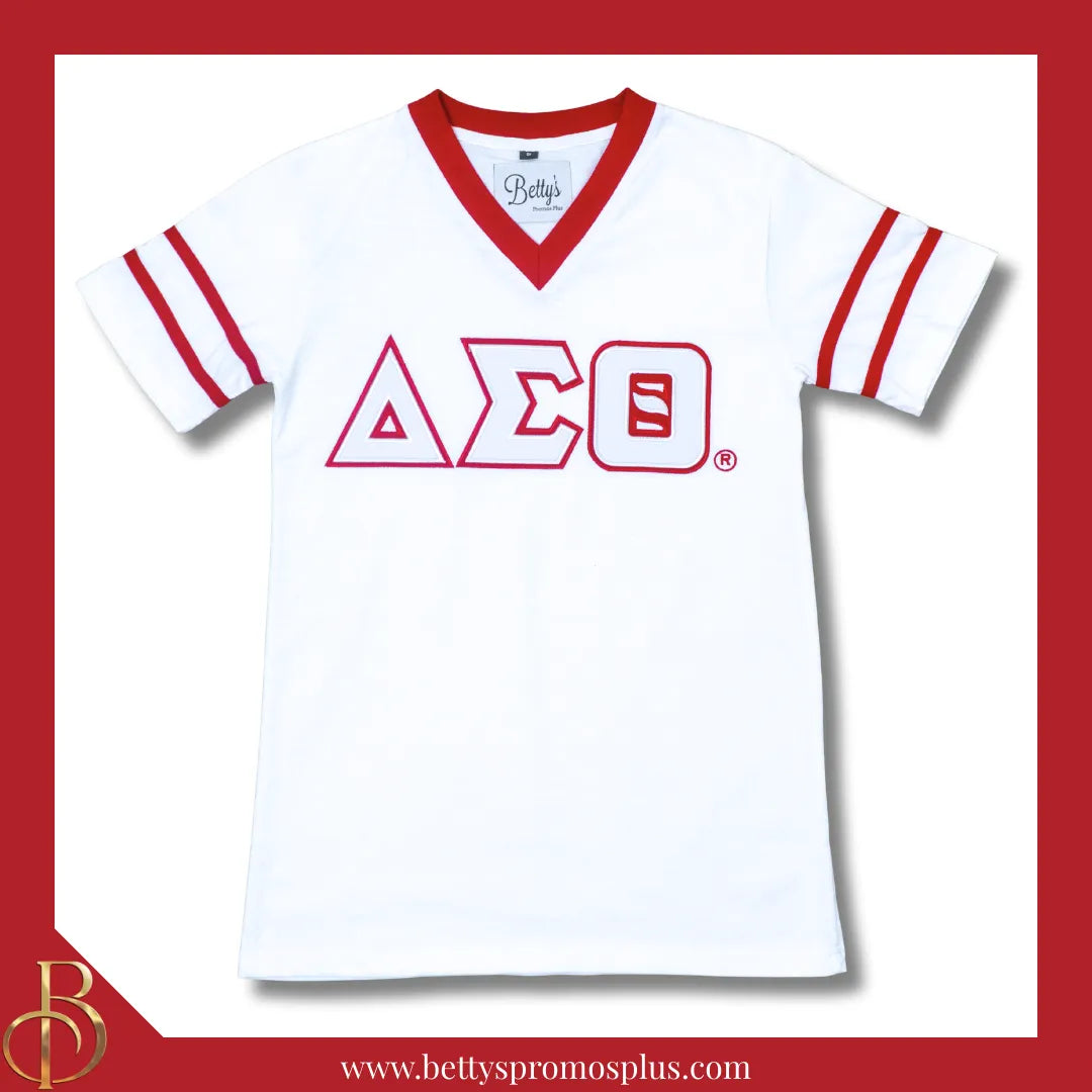Delta Sigma Theta ΔΣΘ Double Stitched Appliqué Embroidered Jersey T-Shirt-White-Small-Delta Sigma Theta Paraphernalia-Delta Sigma Theta T-Shirts-Betty's Promos Plus