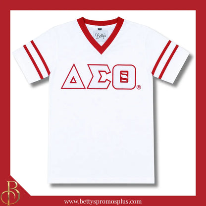 Delta Sigma Theta ΔΣΘ Double Stitched Appliqué Embroidered Jersey T-Shirt-White-Small-Delta Sigma Theta Paraphernalia-Delta Sigma Theta T-Shirts-Betty's Promos Plus