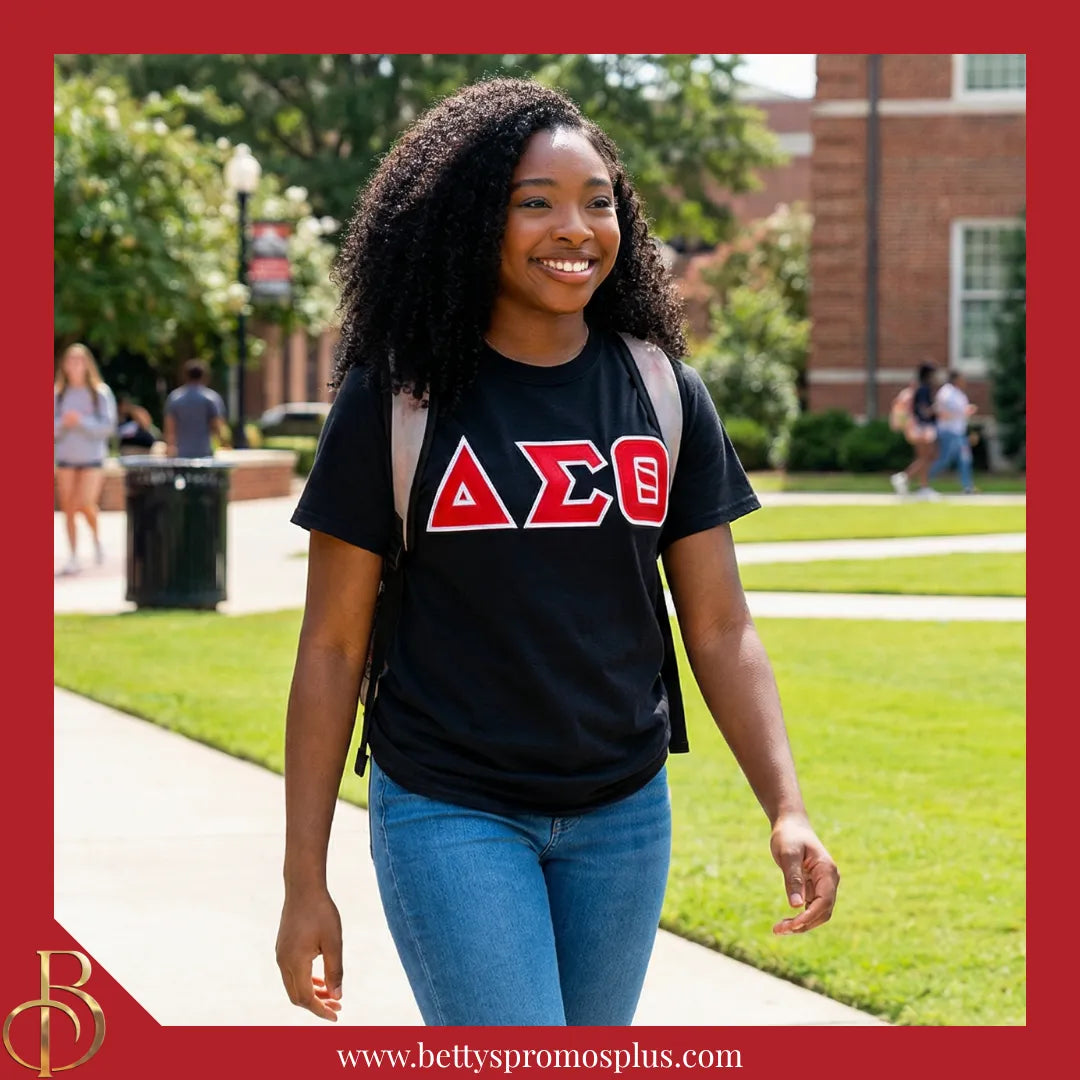 Delta Sigma Theta ΔΣΘ Double Stitched Appliqué Embroidered Line T-Shirt-Delta Sigma Theta Paraphernalia-Delta Sigma Theta T-Shirts-Betty's Promos Plus