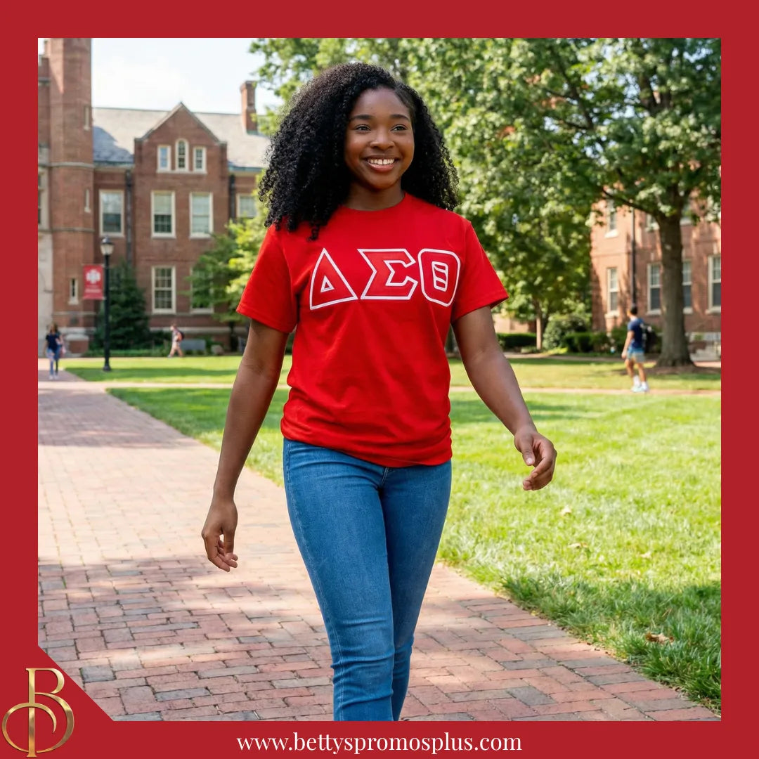 Delta Sigma Theta ΔΣΘ Double Stitched Appliqué Embroidered Line T-Shirt-Delta Sigma Theta Paraphernalia-Delta Sigma Theta T-Shirts-Betty's Promos Plus