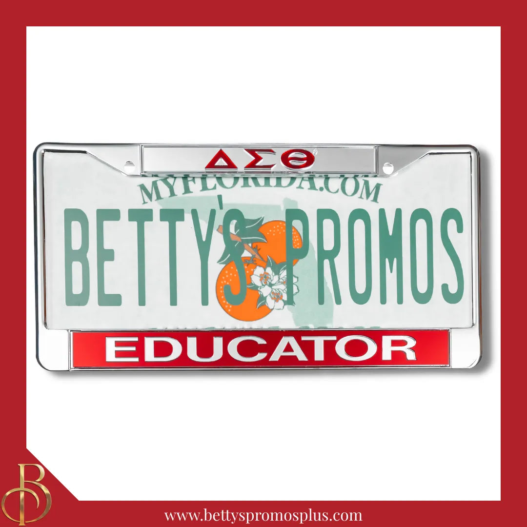 Delta Sigma Theta ΔΣΘ Educator Chrome Laser Engraved Mirrored Acrylic Auto Tag License Plate Frame-Silver Top-Red Bottom-Delta Sigma Theta Paraphernalia-Delta Sigma Theta Auto Tag Frame-Betty's Promos Plus
