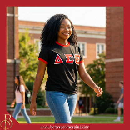 Delta Sigma Theta ΔΣΘ Embroidered Ringer T-Shirt-Delta Sigma Theta Paraphernalia-Delta Sigma Theta T-Shirts-Betty's Promos Plus