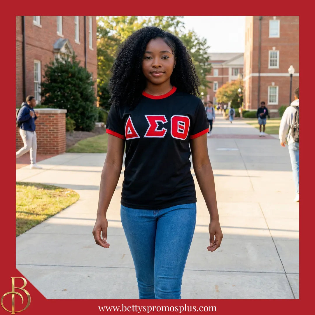 Delta Sigma Theta ΔΣΘ Embroidered Ringer T-Shirt-Delta Sigma Theta Paraphernalia-Delta Sigma Theta T-Shirts-Betty's Promos Plus