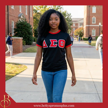 Delta Sigma Theta ΔΣΘ Embroidered Ringer T-Shirt-Delta Sigma Theta Paraphernalia-Delta Sigma Theta T-Shirts-Betty's Promos Plus