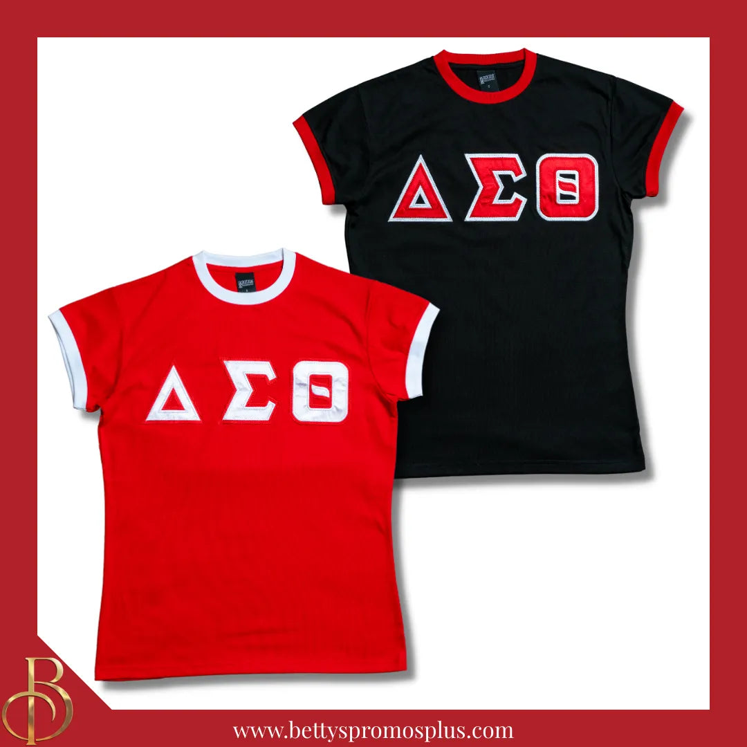 Delta Sigma Theta ΔΣΘ Embroidered Ringer T-Shirt-Delta Sigma Theta Paraphernalia-Delta Sigma Theta T-Shirts-Betty's Promos Plus