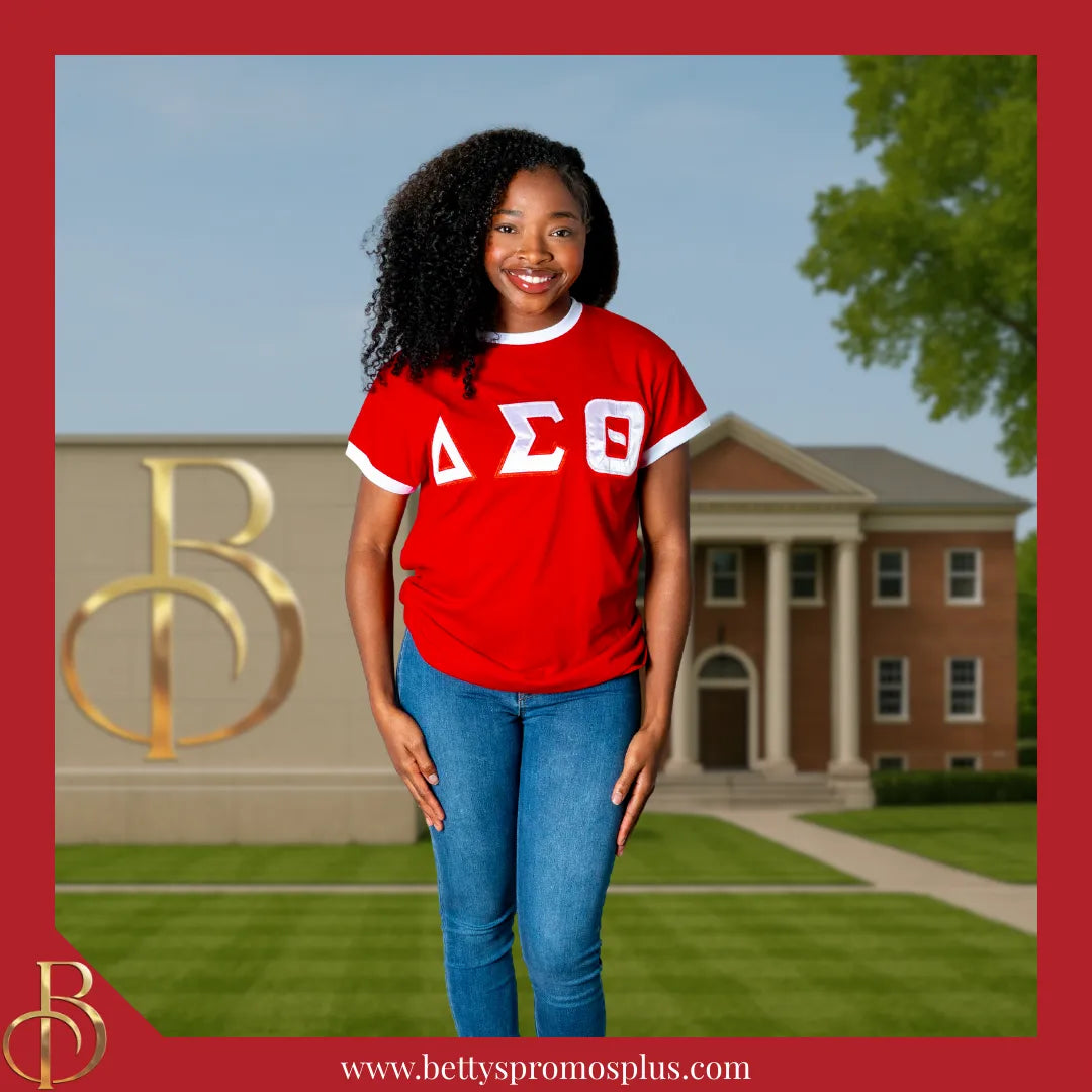 Delta Sigma Theta ΔΣΘ Embroidered Ringer T-Shirt-Delta Sigma Theta Paraphernalia-Delta Sigma Theta T-Shirts-Betty's Promos Plus