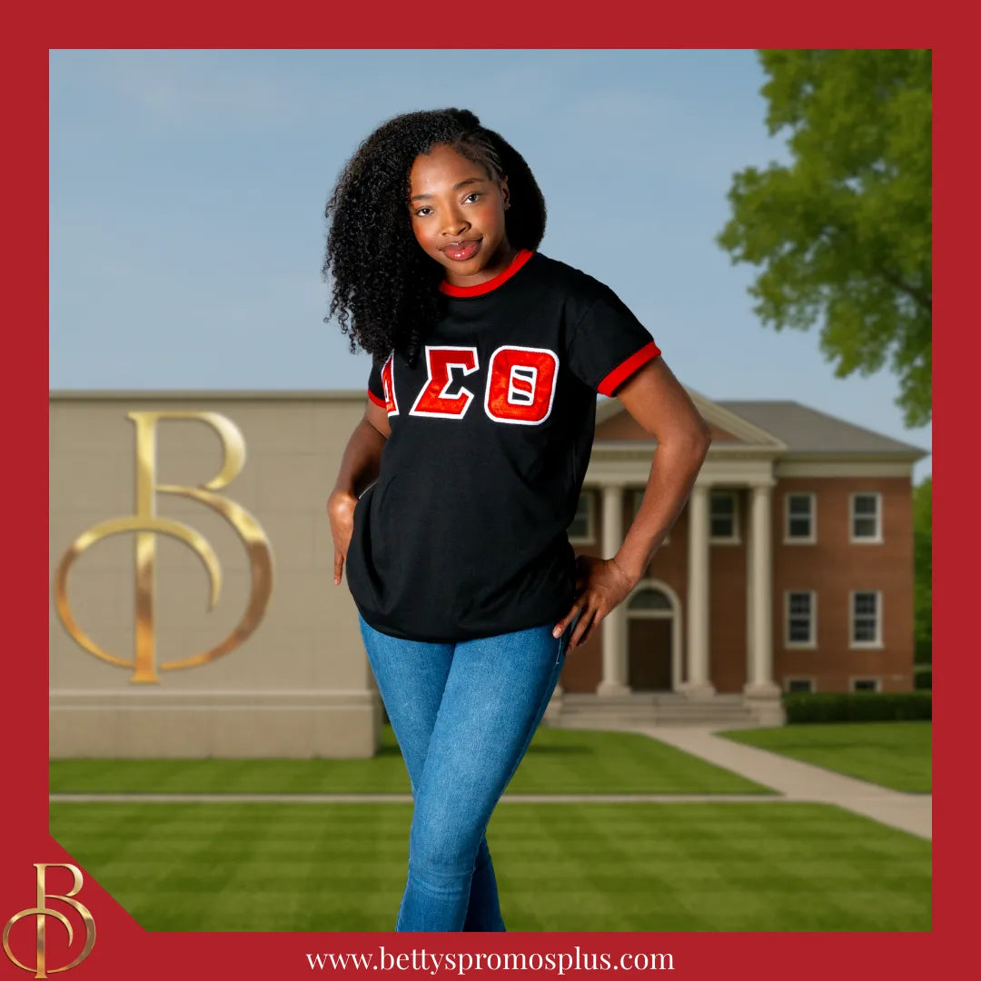 Delta Sigma Theta ΔΣΘ Embroidered Ringer T-Shirt-Delta Sigma Theta Paraphernalia-Delta Sigma Theta T-Shirts-Betty's Promos Plus