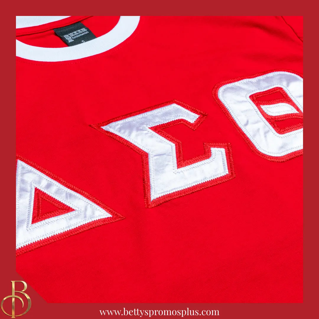 Delta Sigma Theta ΔΣΘ Embroidered Ringer T-Shirt-Delta Sigma Theta Paraphernalia-Delta Sigma Theta T-Shirts-Betty's Promos Plus