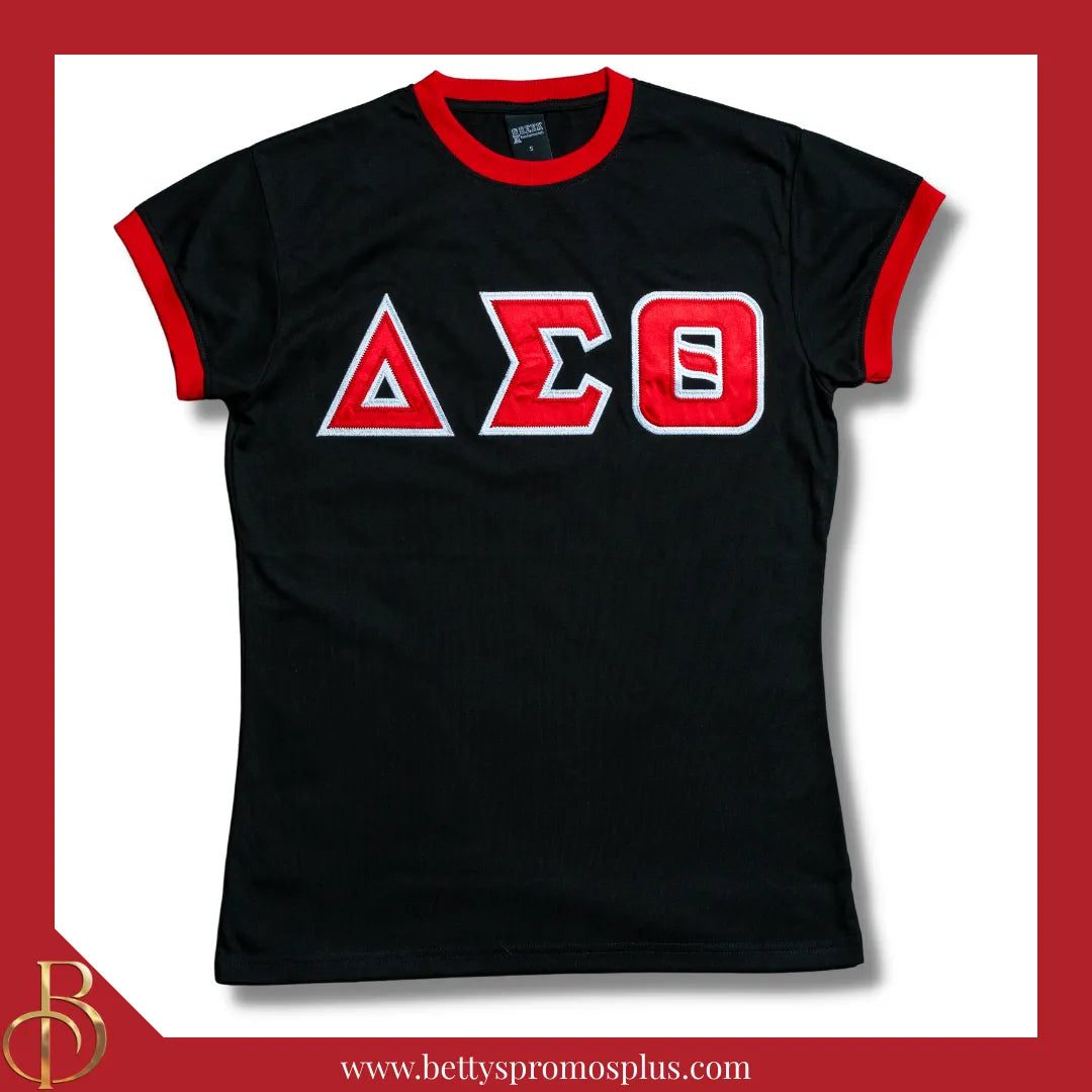 Delta Sigma Theta ΔΣΘ Embroidered Ringer T-Shirt-Delta Sigma Theta Paraphernalia-Delta Sigma Theta T-Shirts-Betty's Promos Plus