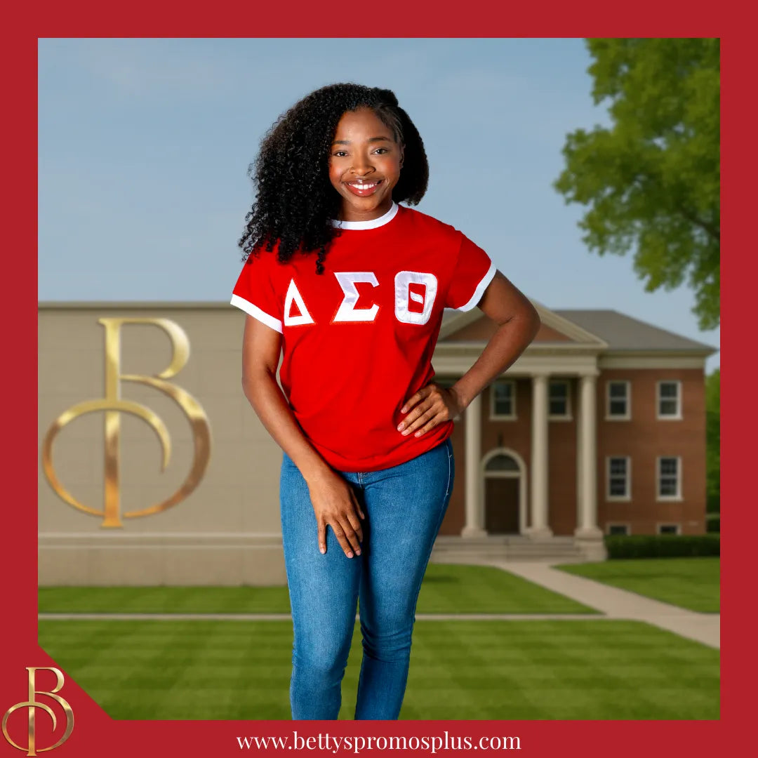 Delta Sigma Theta ΔΣΘ Embroidered Ringer T-Shirt-Delta Sigma Theta Paraphernalia-Delta Sigma Theta T-Shirts-Betty's Promos Plus