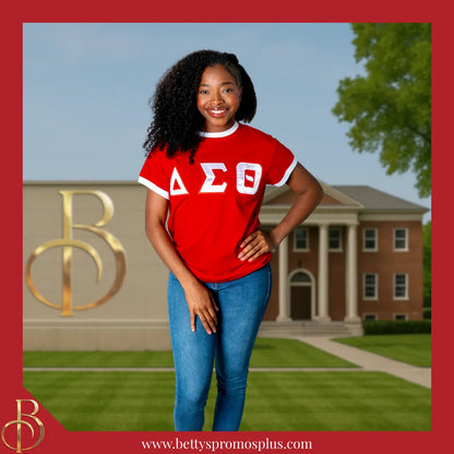 Delta Sigma Theta ΔΣΘ Embroidered Ringer T-Shirt-Delta Sigma Theta Paraphernalia-Delta Sigma Theta T-Shirts-Betty's Promos Plus