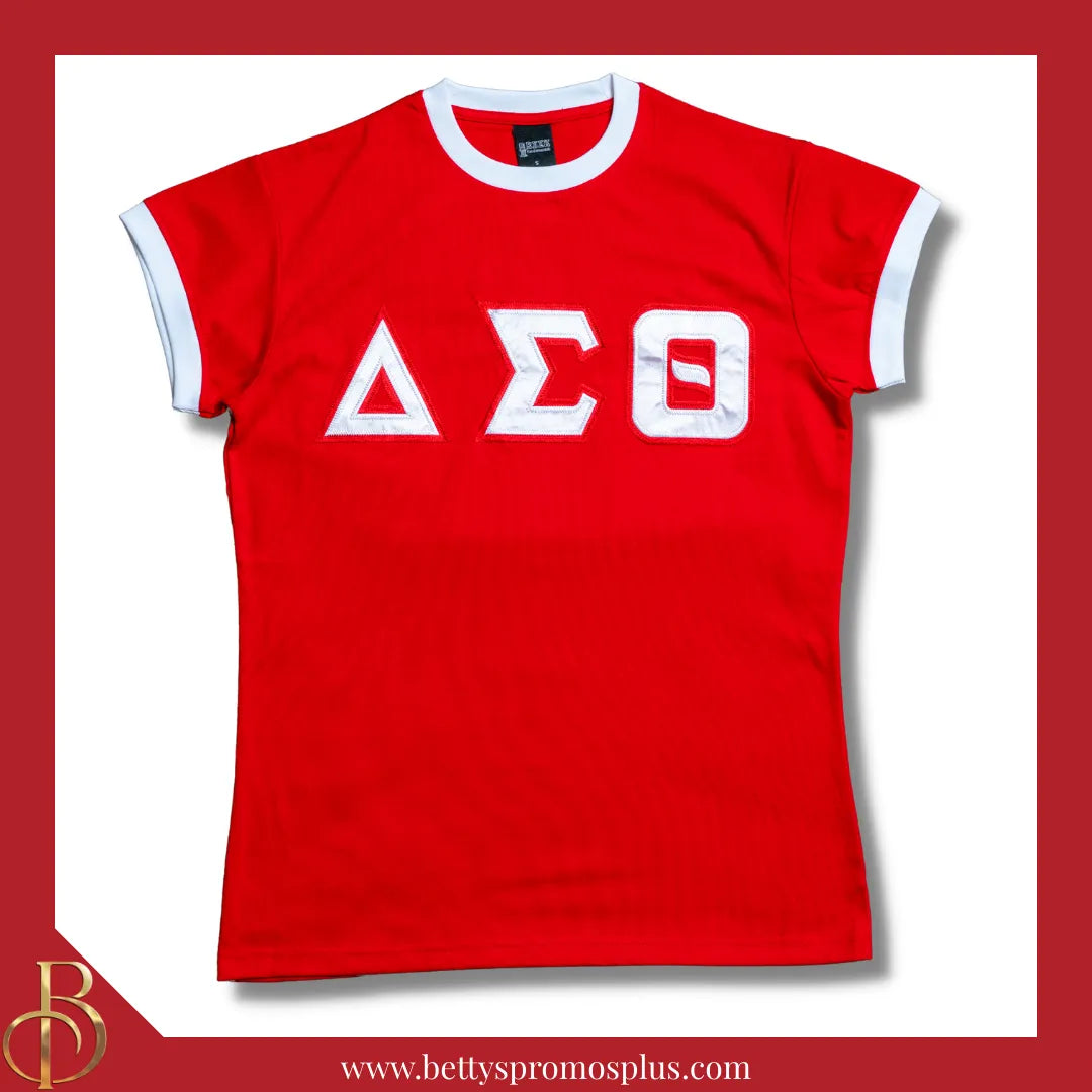 Delta Sigma Theta ΔΣΘ Embroidered Ringer T-Shirt-Red-Small-Delta Sigma Theta Paraphernalia-Delta Sigma Theta T-Shirts-Betty's Promos Plus