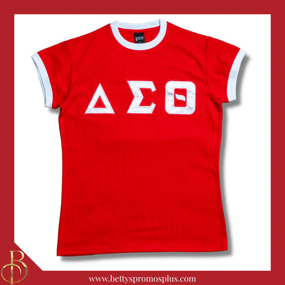Delta Sigma Theta ΔΣΘ Embroidered Ringer T-Shirt-Red-Small-Delta Sigma Theta Paraphernalia-Delta Sigma Theta T-Shirts-Betty's Promos Plus