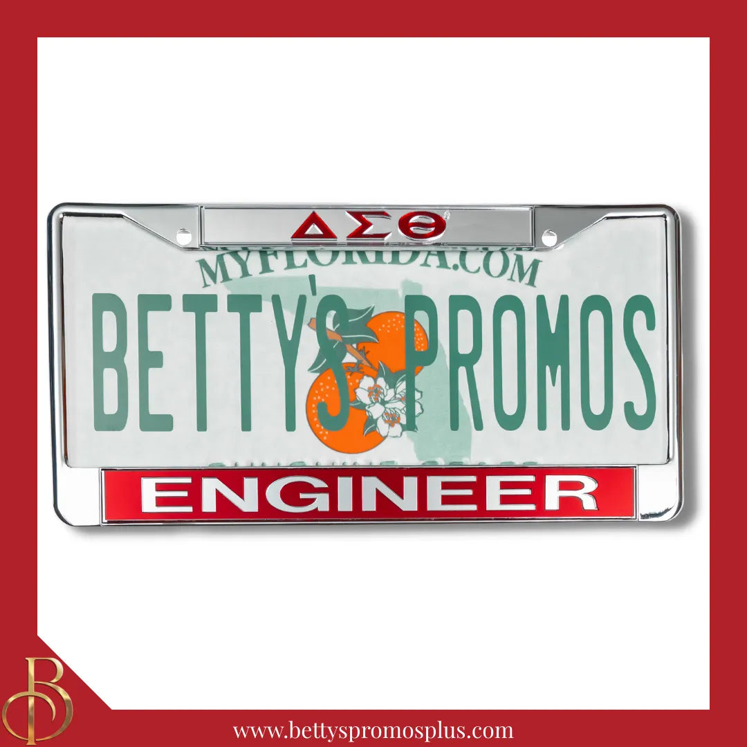 Delta Sigma Theta ΔΣΘ Engineer Chrome Laser Engraved Mirrored Acrylic Auto Tag License Plate Frame-Delta Sigma Theta Paraphernalia-Delta Sigma Theta Auto Tag Frame-Betty's Promos Plus