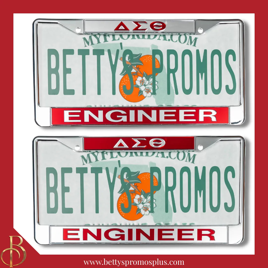Delta Sigma Theta ΔΣΘ Engineer Chrome Laser Engraved Mirrored Acrylic Auto Tag License Plate Frame-Delta Sigma Theta Paraphernalia-Delta Sigma Theta Auto Tag Frame-Betty's Promos Plus