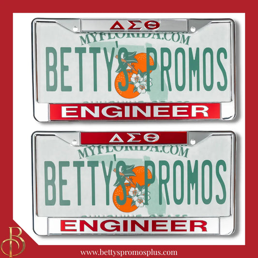 Delta Sigma Theta ΔΣΘ Engineer Chrome Laser Engraved Mirrored Acrylic Auto Tag License Plate Frame-Delta Sigma Theta Paraphernalia-Delta Sigma Theta Auto Tag Frame-Betty's Promos Plus