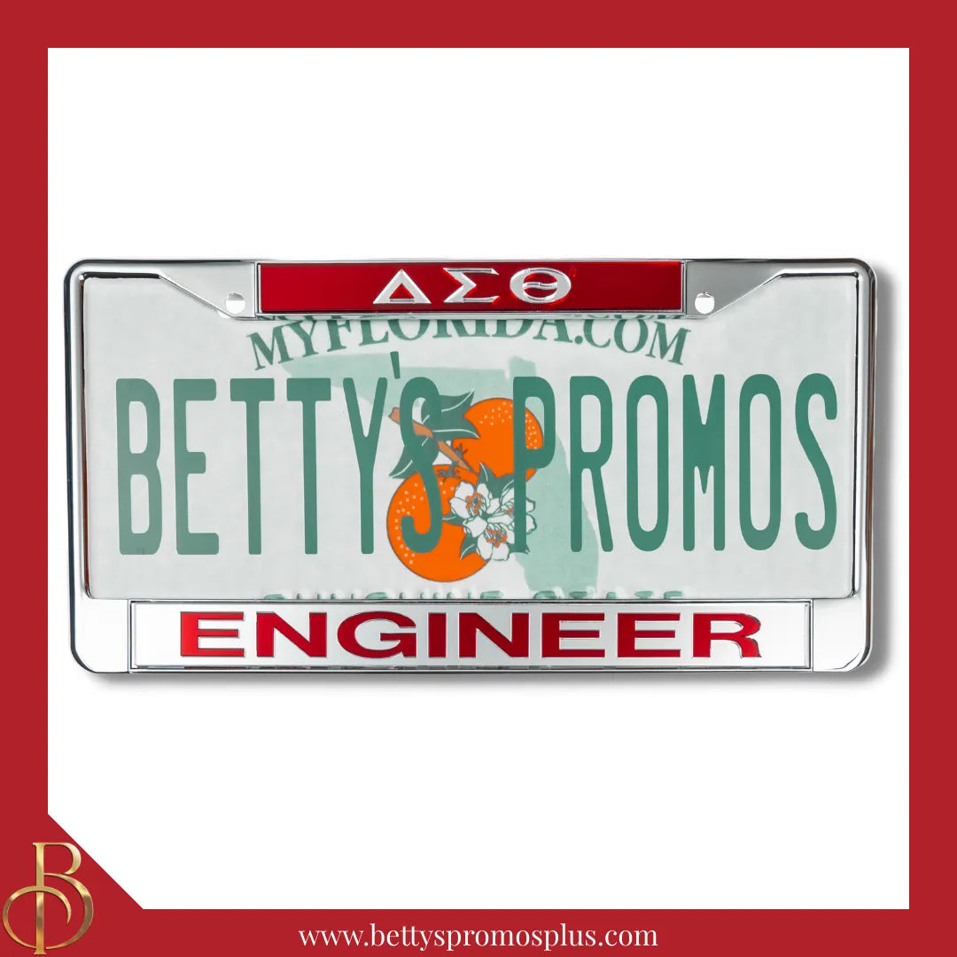 Delta Sigma Theta ΔΣΘ Engineer Chrome Laser Engraved Mirrored Acrylic Auto Tag License Plate Frame-Red Top-Silver Bottom-Delta Sigma Theta Paraphernalia-Delta Sigma Theta Auto Tag Frame-Betty's Promos Plus