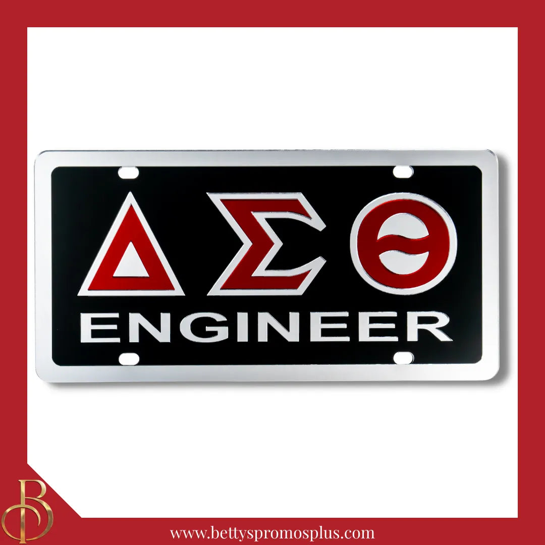 Delta Sigma Theta ΔΣΘ Engineer Laser Engraved Mirrored Acrylic Auto Tag License Plate-Black Background-Silver Trim-Delta Sigma Theta Paraphernalia-Delta Sigma Theta Auto Tag-Betty's Promos Plus