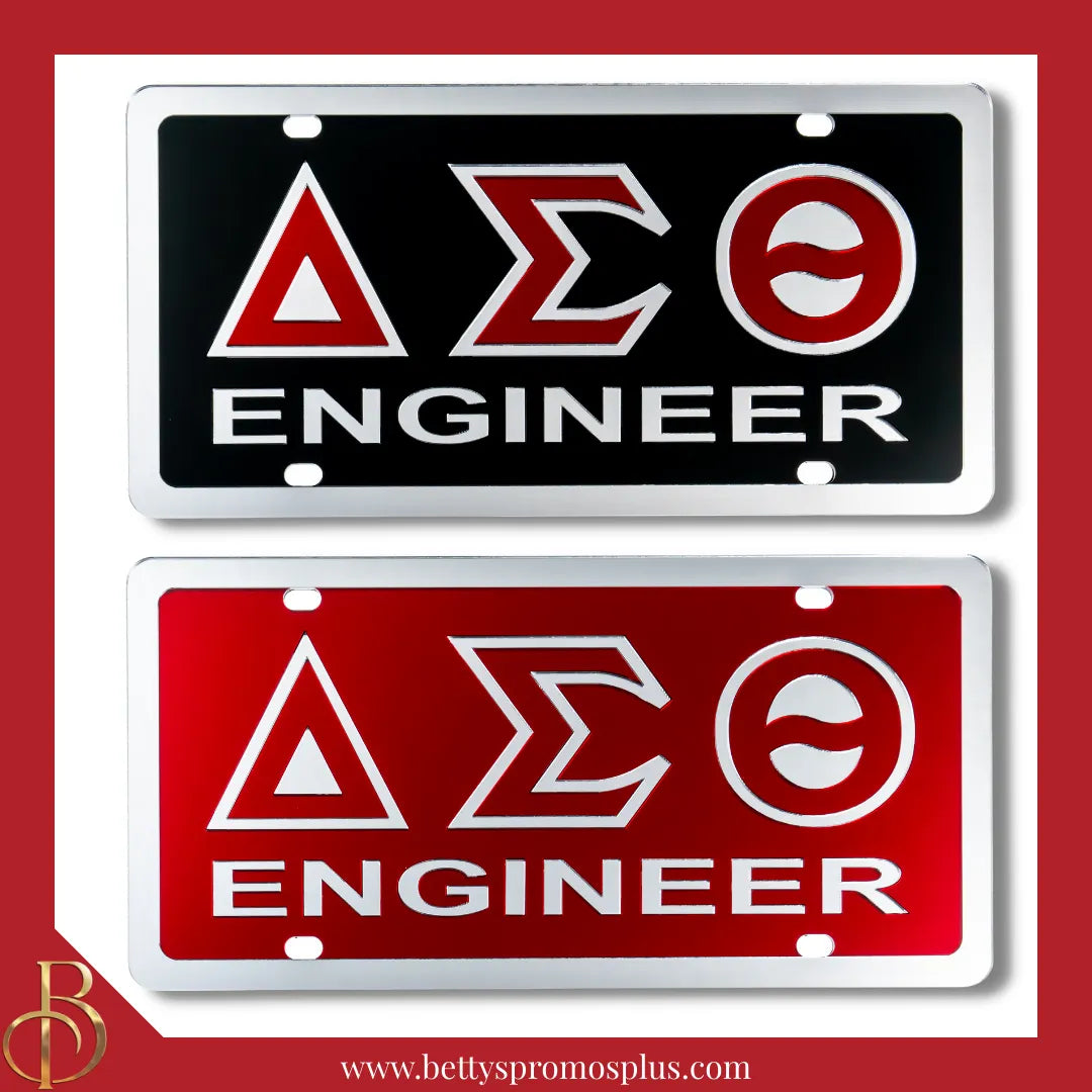 Delta Sigma Theta ΔΣΘ Engineer Laser Engraved Mirrored Acrylic Auto Tag License Plate-Delta Sigma Theta Paraphernalia-Delta Sigma Theta Auto Tag-Betty's Promos Plus