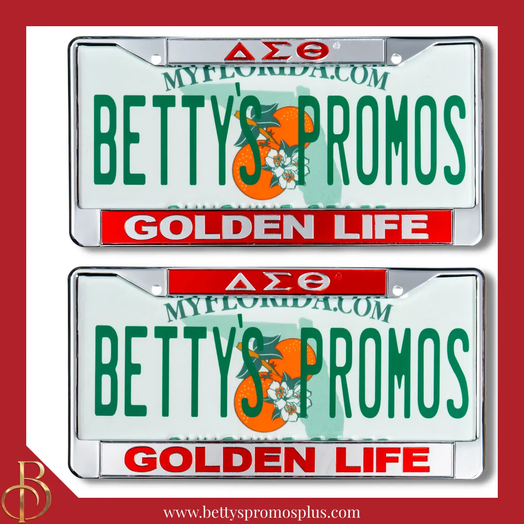 Delta Sigma Theta ΔΣΘ Golden Life Chrome Laser Engraved Mirrored Acrylic Auto Tag License Plate Frame-Delta Sigma Theta Paraphernalia-Delta Sigma Theta Auto Tag Frame-Betty's Promos Plus