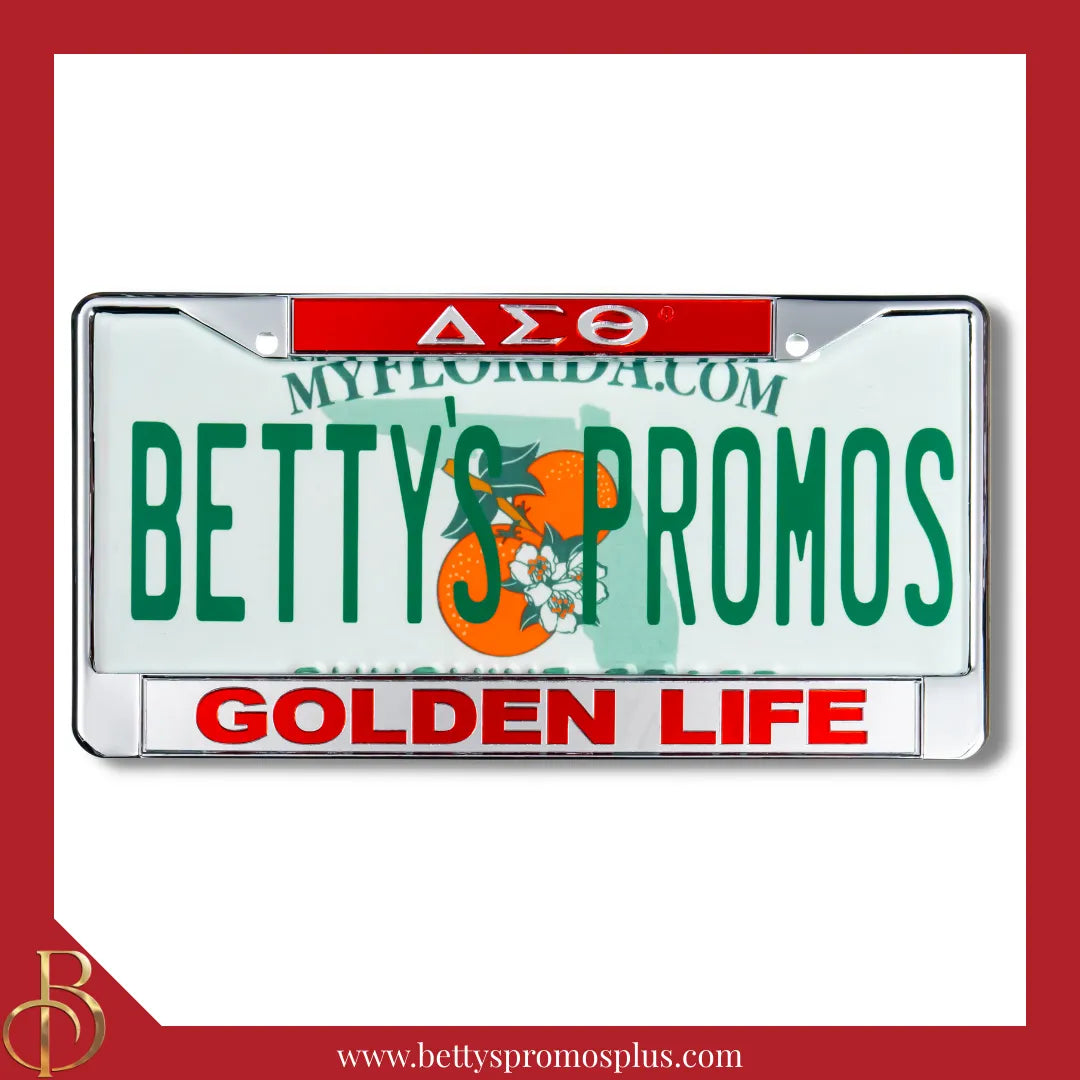 Delta Sigma Theta ΔΣΘ Golden Life Chrome Laser Engraved Mirrored Acrylic Auto Tag License Plate Frame-Red Top-Silver Bottom-Delta Sigma Theta Paraphernalia-Delta Sigma Theta Auto Tag Frame-Betty's Promos Plus