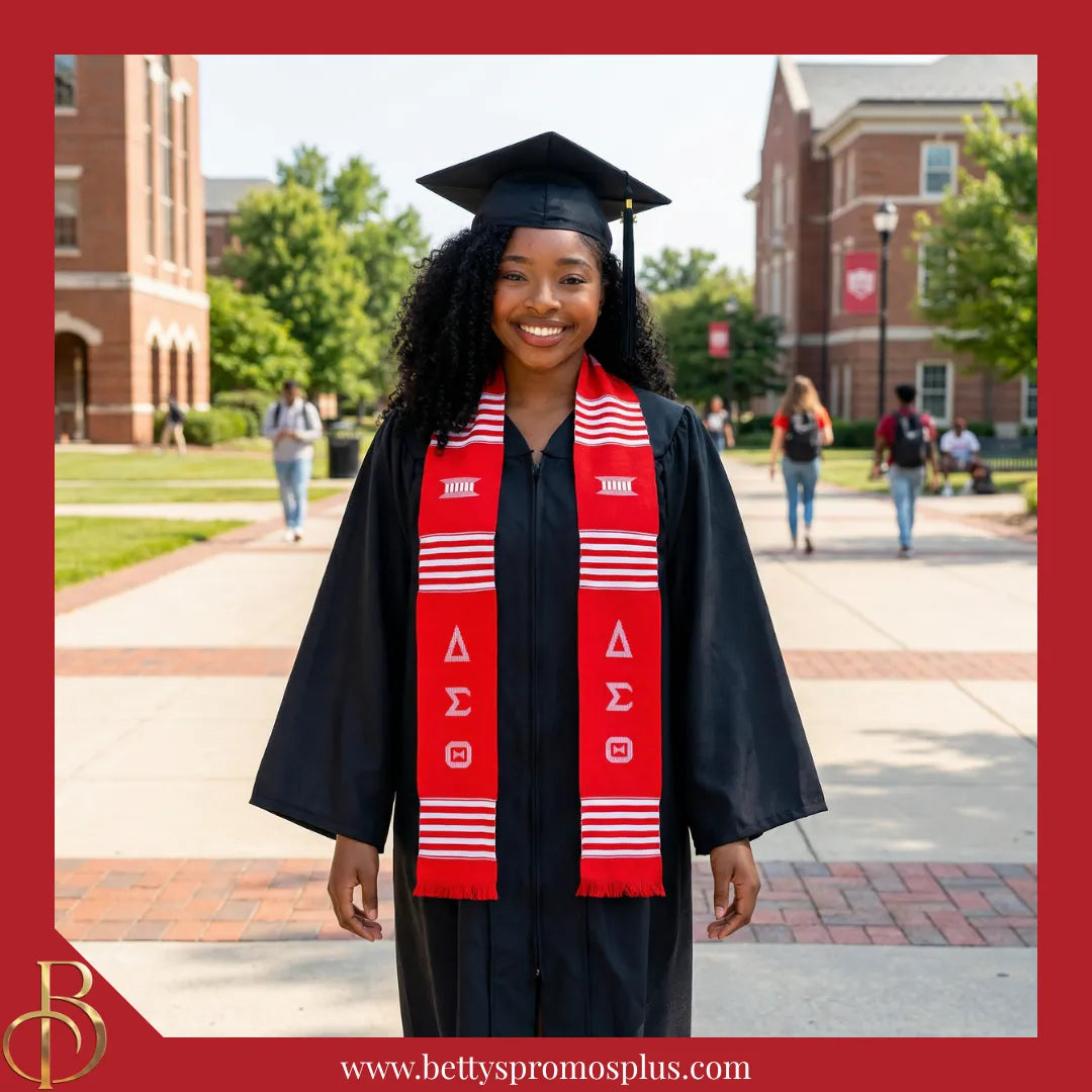 Delta Sigma Theta ΔΣΘ Greek Letters Kente Cloth Graduation Stole-Delta Sigma Theta Paraphernalia-Delta Sigma Theta Graduation Stole-Betty's Promos Plus