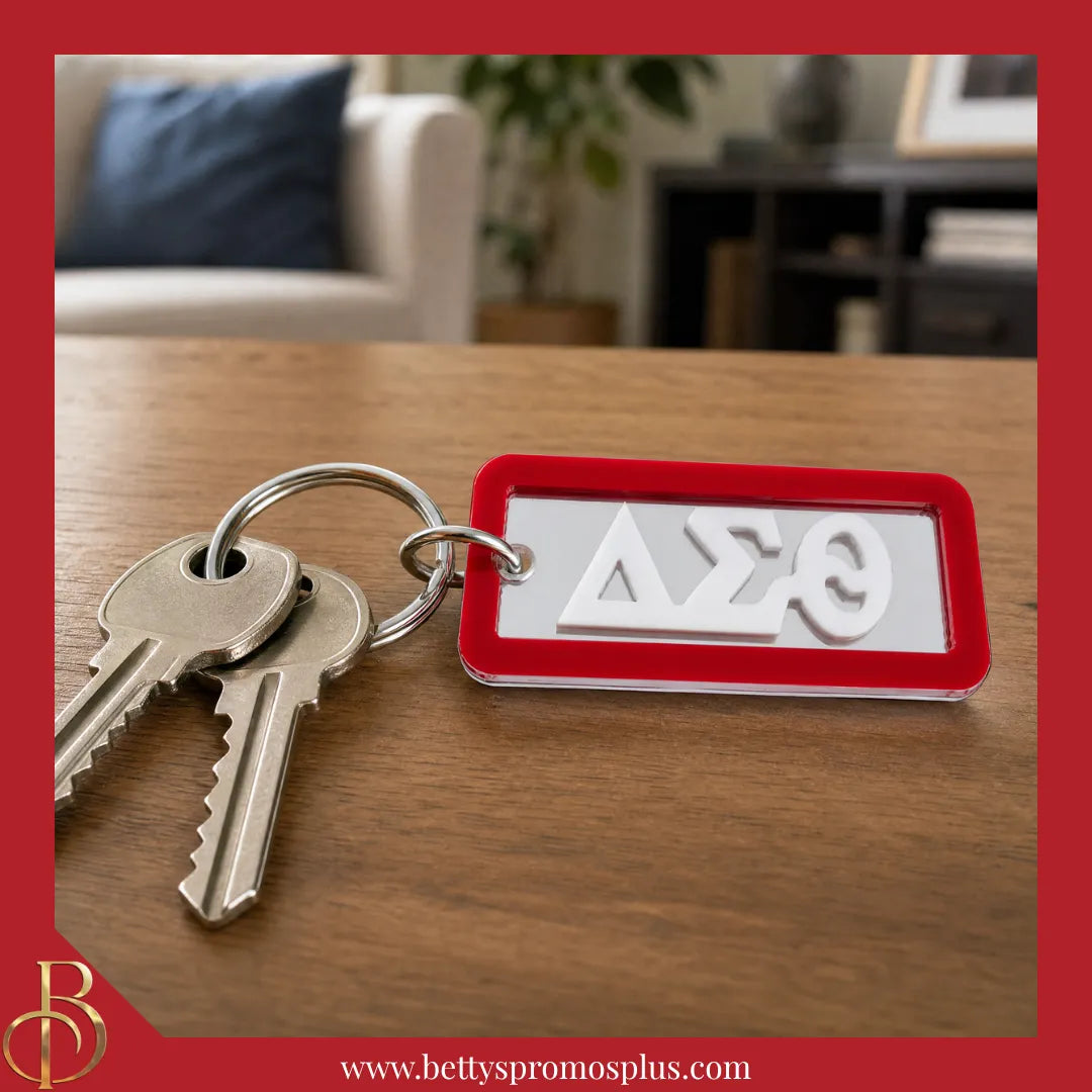 Delta Sigma Theta ΔΣΘ Greek Letters Rectangular Acrylic Mirror Keychain with Red Trim-Delta Sigma Theta Paraphernalia-Delta Sigma Theta Keychain-Betty's Promos Plus