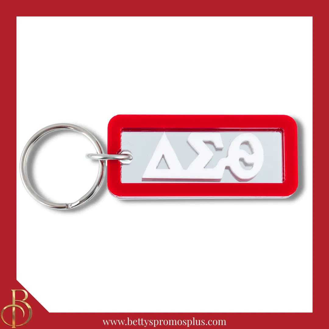 Delta Sigma Theta ΔΣΘ Greek Letters Rectangular Acrylic Mirror Keychain with Red Trim-Delta Sigma Theta Paraphernalia-Delta Sigma Theta Keychain-Betty's Promos Plus