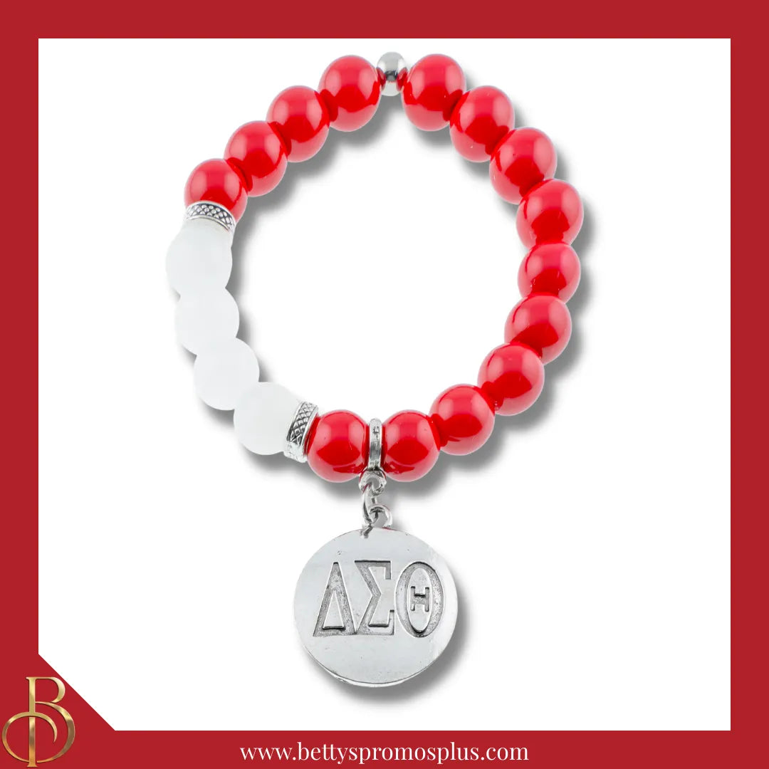 Delta Sigma Theta ΔΣΘ Greek Letters Red and White Beaded Bracelet with Silver ΔΣΘ Charm-Delta Sigma Theta Paraphernalia-Delta Sigma Theta Bracelet-Betty's Promos Plus