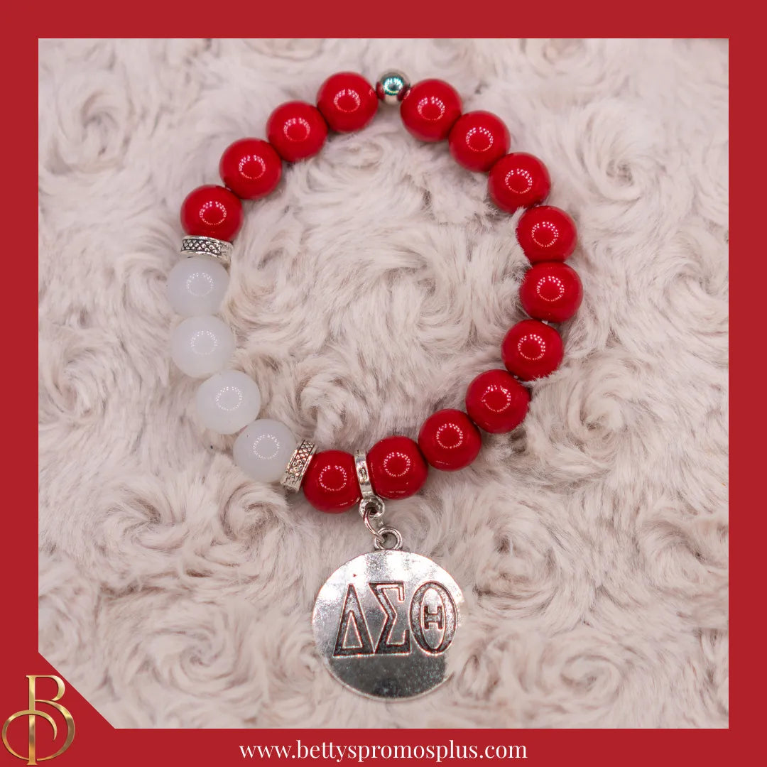Delta Sigma Theta ΔΣΘ Greek Letters Red and White Beaded Bracelet with Silver ΔΣΘ Charm-Delta Sigma Theta Paraphernalia-Delta Sigma Theta Bracelet-Betty's Promos Plus