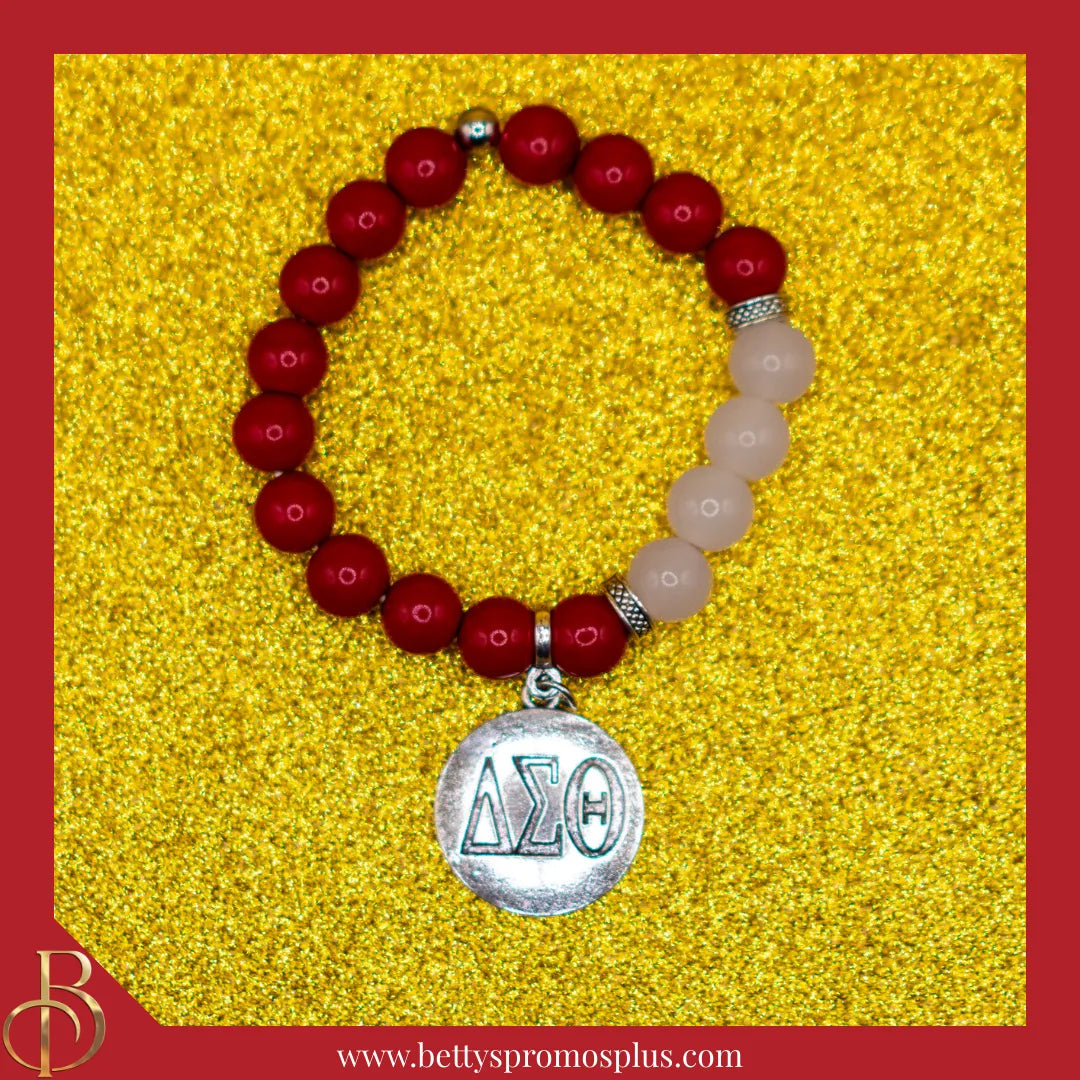 Delta Sigma Theta ΔΣΘ Greek Letters Red and White Beaded Bracelet with Silver ΔΣΘ Charm-Delta Sigma Theta Paraphernalia-Delta Sigma Theta Bracelet-Betty's Promos Plus