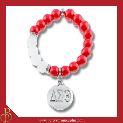 Delta Sigma Theta ΔΣΘ Greek Letters Red and White Beaded Bracelet with Silver ΔΣΘ Charm-Red-Engraved-Delta Sigma Theta Paraphernalia-Delta Sigma Theta Bracelet-Betty's Promos Plus