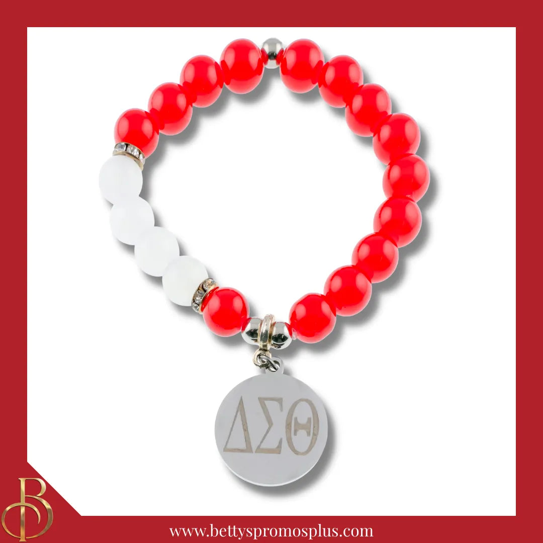 Delta Sigma Theta ΔΣΘ Greek Letters Red and White Beaded Bracelet with Silver ΔΣΘ Charm-Red-Etched-Delta Sigma Theta Paraphernalia-Delta Sigma Theta Bracelet-Betty's Promos Plus