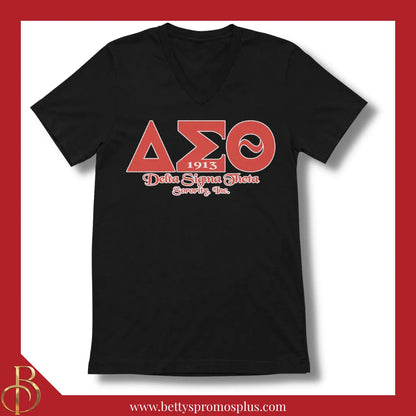 Delta Sigma Theta ΔΣΘ Greek Letters Screen Printed V-Neck T-Shirt-Black-Small-Delta Sigma Theta Paraphernalia-Delta Sigma Theta T-Shirts-Betty's Promos Plus