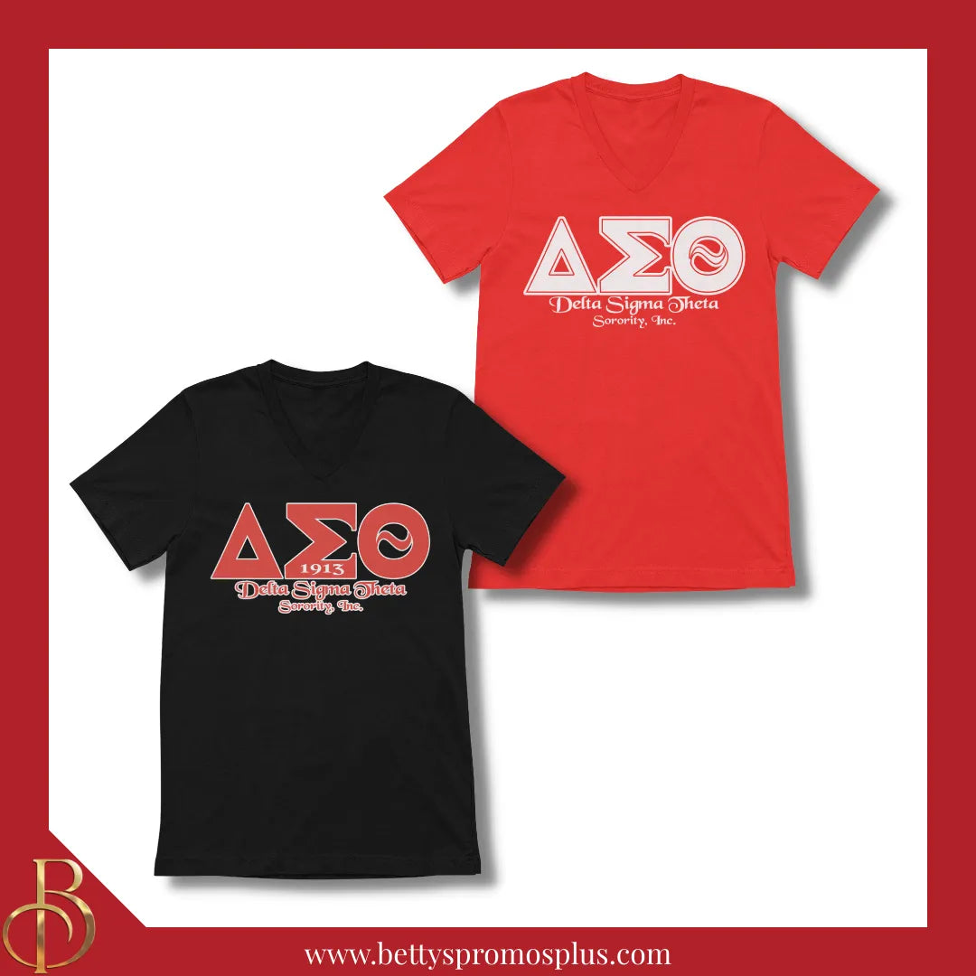Delta Sigma Theta ΔΣΘ Greek Letters Screen Printed V-Neck T-Shirt-Delta Sigma Theta Paraphernalia-Delta Sigma Theta T-Shirts-Betty's Promos Plus