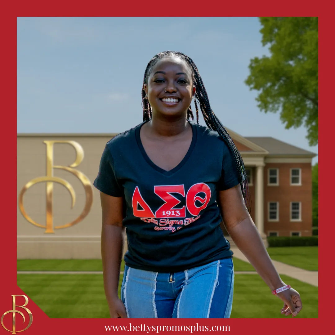 Delta Sigma Theta ΔΣΘ Greek Letters Screen Printed V-Neck T-Shirt-Delta Sigma Theta Paraphernalia-Delta Sigma Theta T-Shirts-Betty's Promos Plus