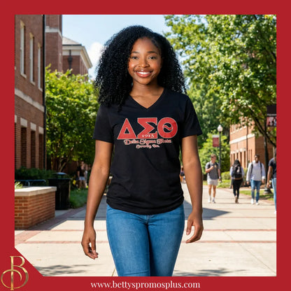 Delta Sigma Theta ΔΣΘ Greek Letters Screen Printed V-Neck T-Shirt-Delta Sigma Theta Paraphernalia-Delta Sigma Theta T-Shirts-Betty's Promos Plus