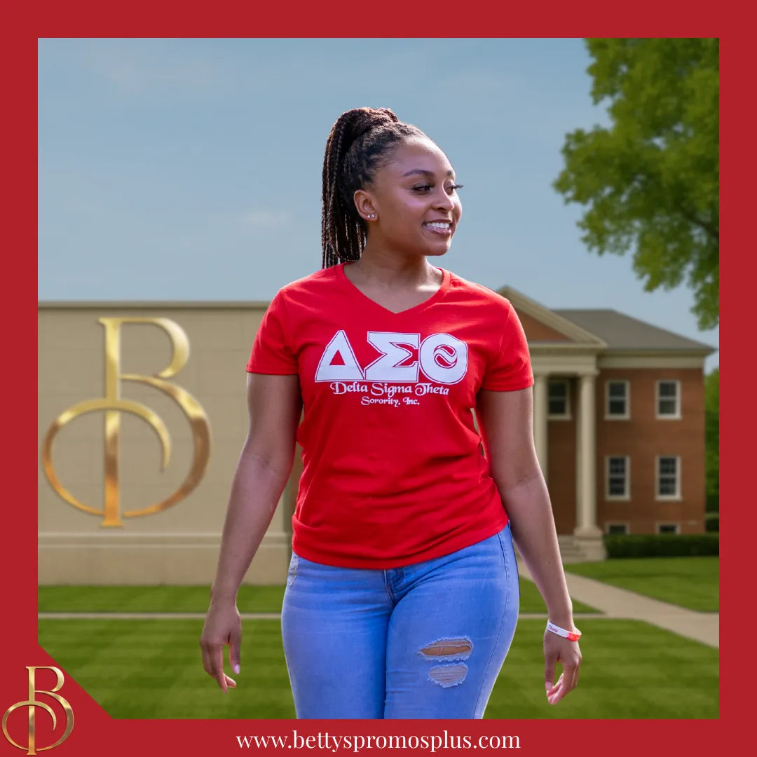 Delta Sigma Theta ΔΣΘ Greek Letters Screen Printed V-Neck T-Shirt-Delta Sigma Theta Paraphernalia-Delta Sigma Theta T-Shirts-Betty's Promos Plus