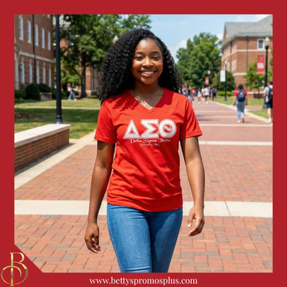 Delta Sigma Theta ΔΣΘ Greek Letters Screen Printed V-Neck T-Shirt-Delta Sigma Theta Paraphernalia-Delta Sigma Theta T-Shirts-Betty's Promos Plus