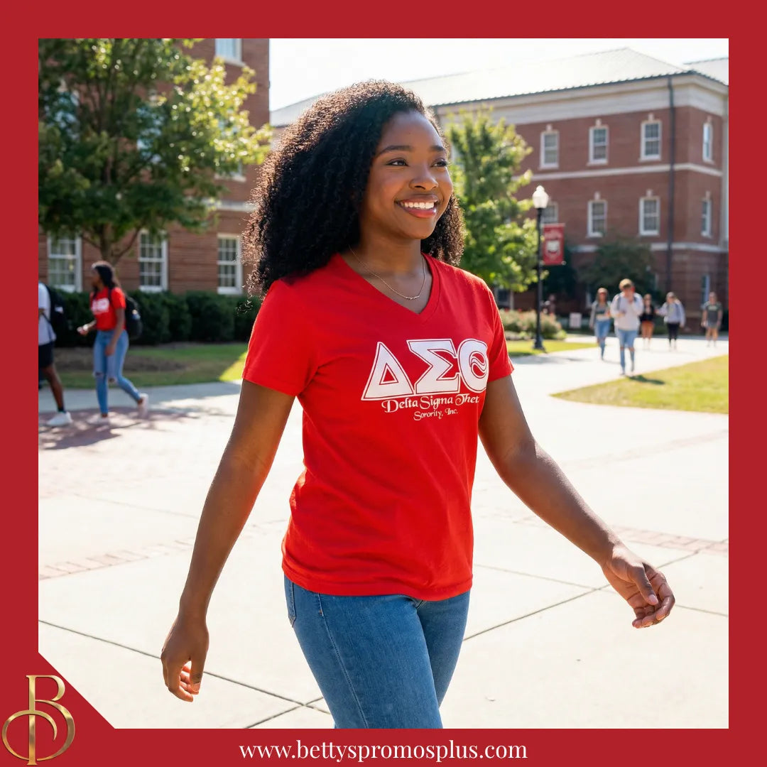 Delta Sigma Theta ΔΣΘ Greek Letters Screen Printed V-Neck T-Shirt-Delta Sigma Theta Paraphernalia-Delta Sigma Theta T-Shirts-Betty's Promos Plus