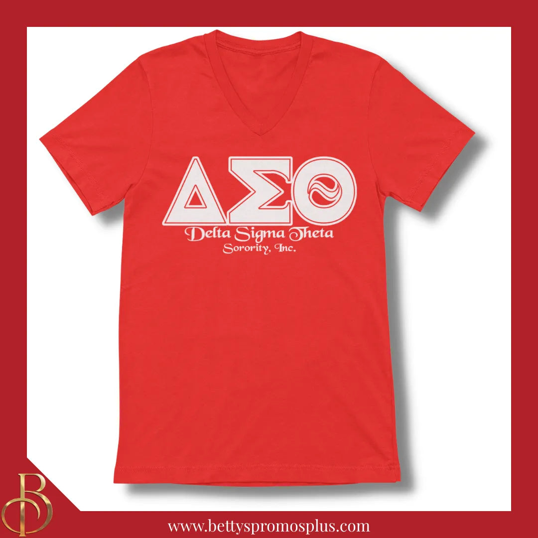 Delta Sigma Theta ΔΣΘ Greek Letters Screen Printed V-Neck T-Shirt-Red-Small-Delta Sigma Theta Paraphernalia-Delta Sigma Theta T-Shirts-Betty's Promos Plus