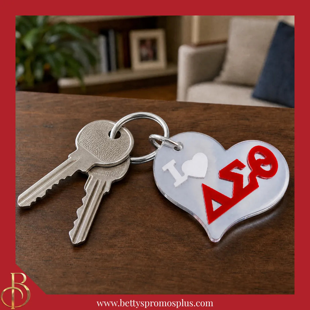 Delta Sigma Theta ΔΣΘ I Love ΔΣΘ Heart-Shaped Acrylic Keychain-Delta Sigma Theta Paraphernalia-Delta Sigma Theta Keychain-Betty's Promos Plus