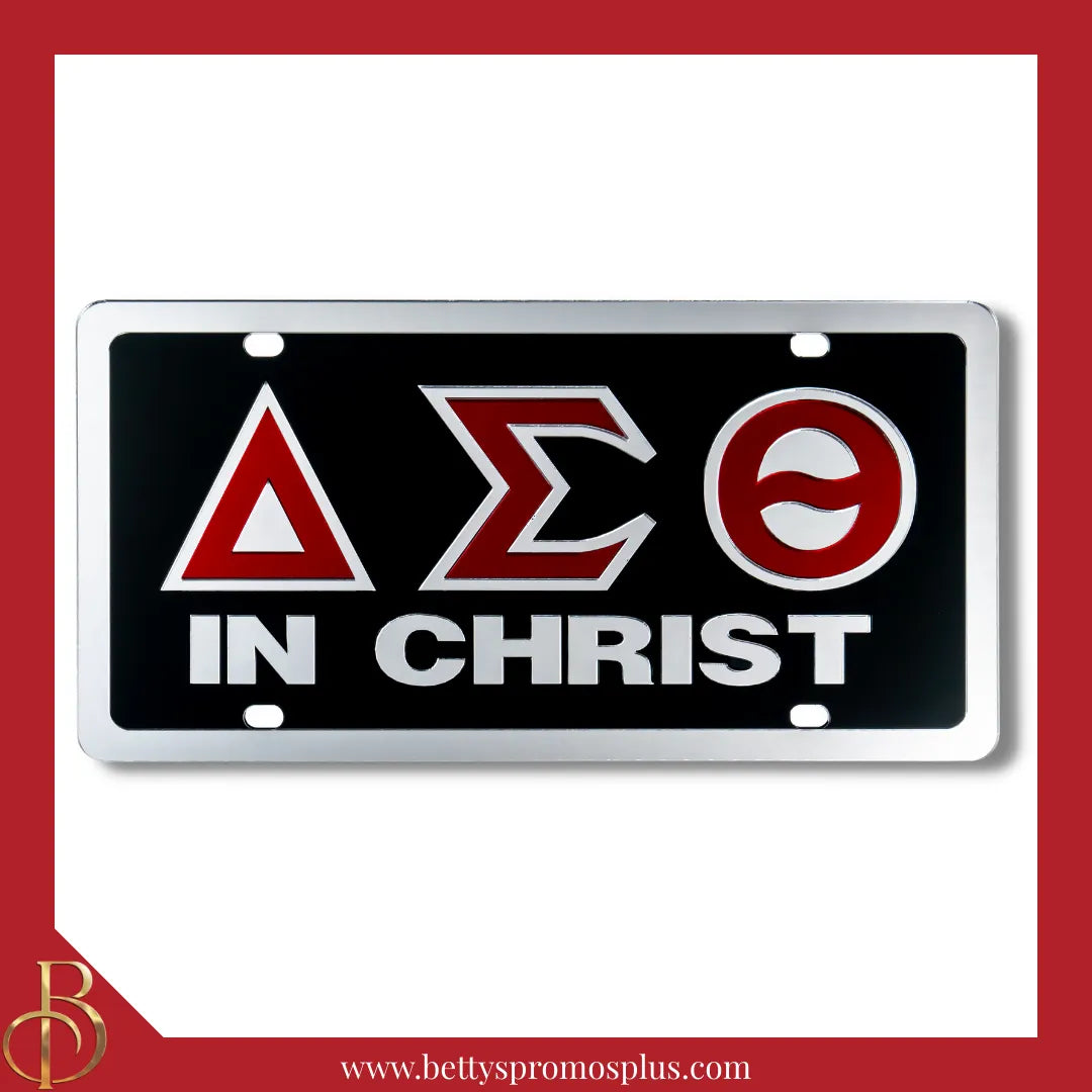 Delta Sigma Theta ΔΣΘ In Christ Laser Engraved Mirrored Acrylic Auto Tag License Plate-Delta Sigma Theta Paraphernalia-Delta Sigma Theta Auto Tag-Betty's Promos Plus