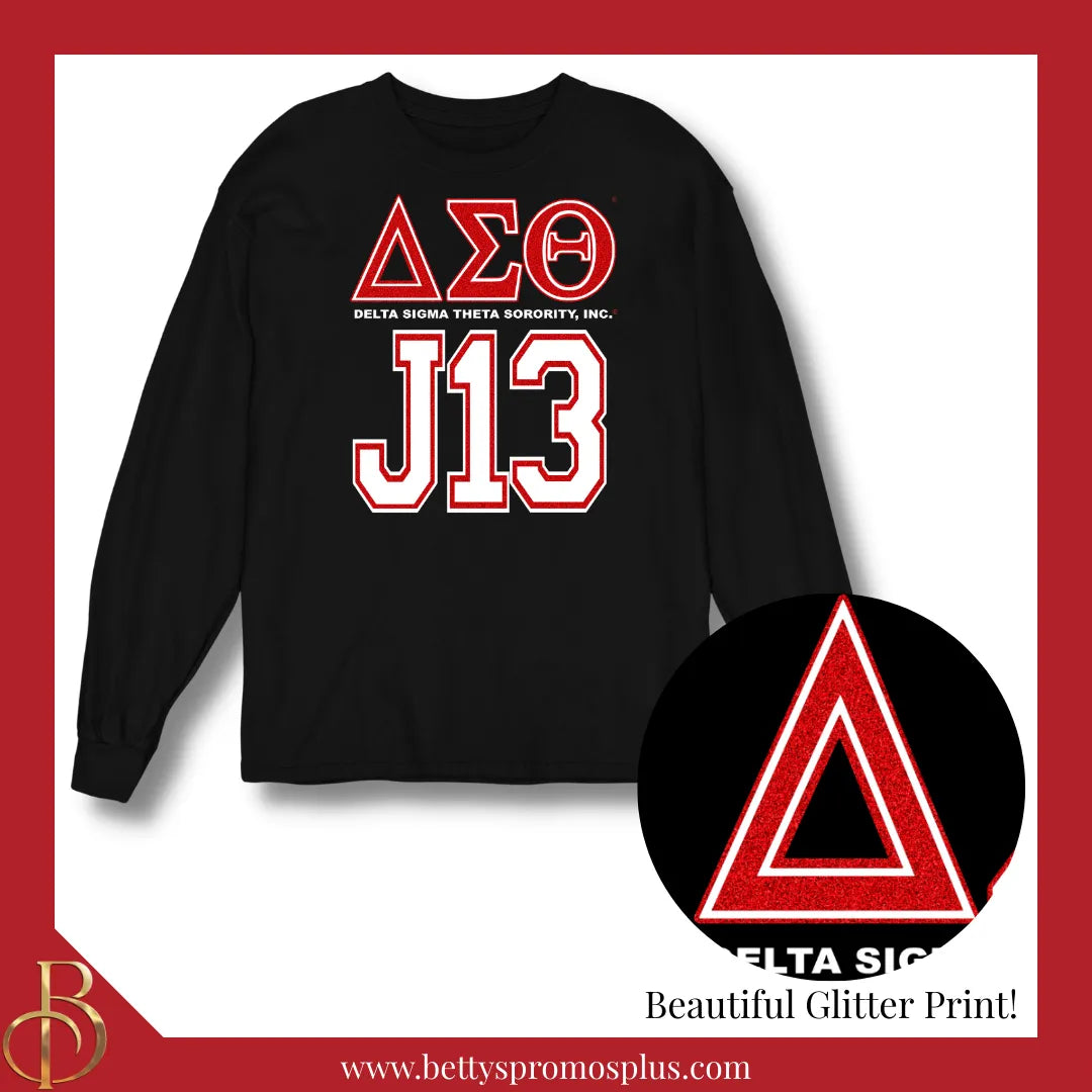 Delta Sigma Theta ΔΣΘ J13 GLITTER Screen Printed Long Sleeve T-Shirt-Black-Glitter-Small-Delta Sigma Theta Paraphernalia-Delta Sigma Theta T-Shirts-Betty's Promos Plus