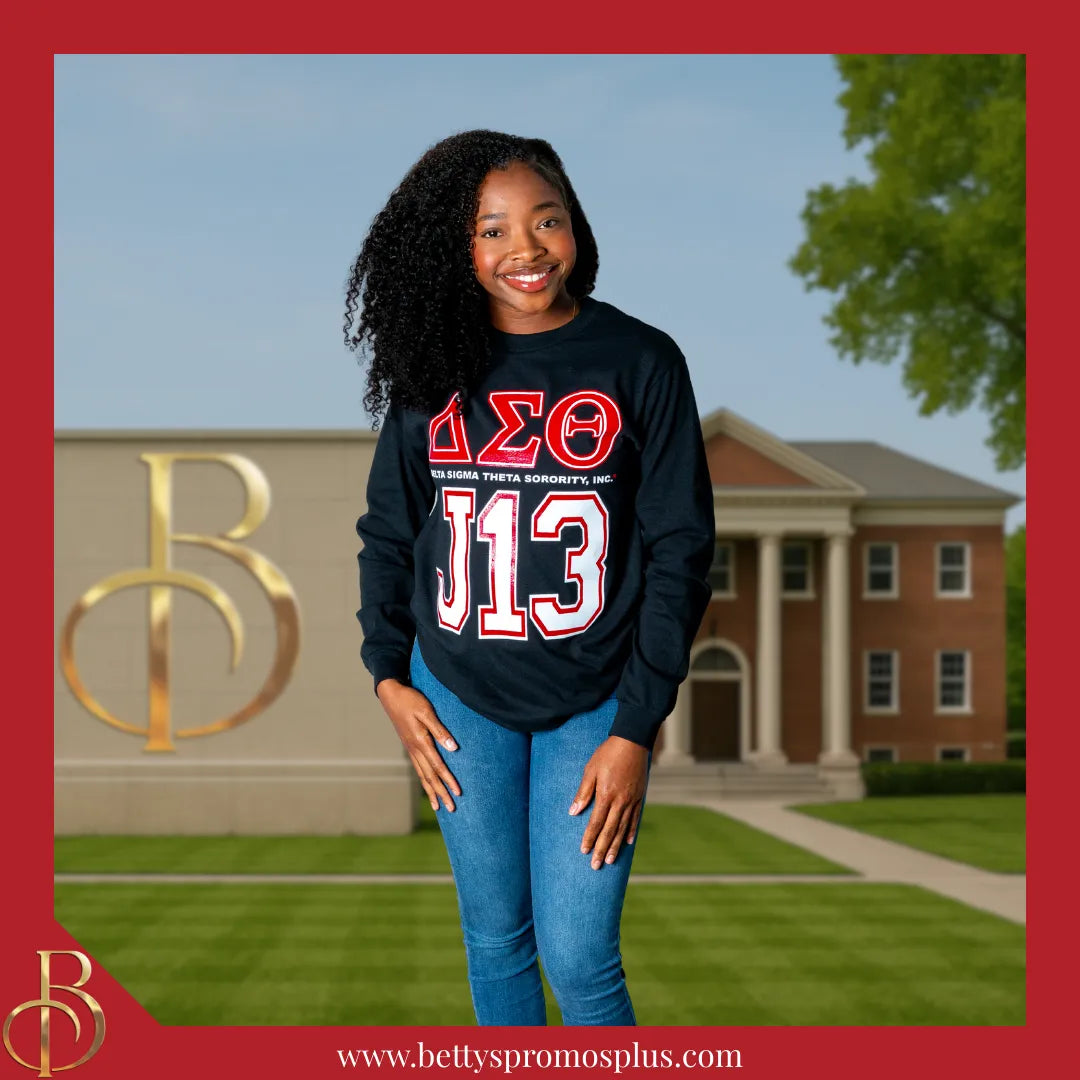 Delta Sigma Theta ΔΣΘ J13 GLITTER Screen Printed Long Sleeve T-Shirt-Delta Sigma Theta Paraphernalia-Delta Sigma Theta T-Shirts-Betty's Promos Plus