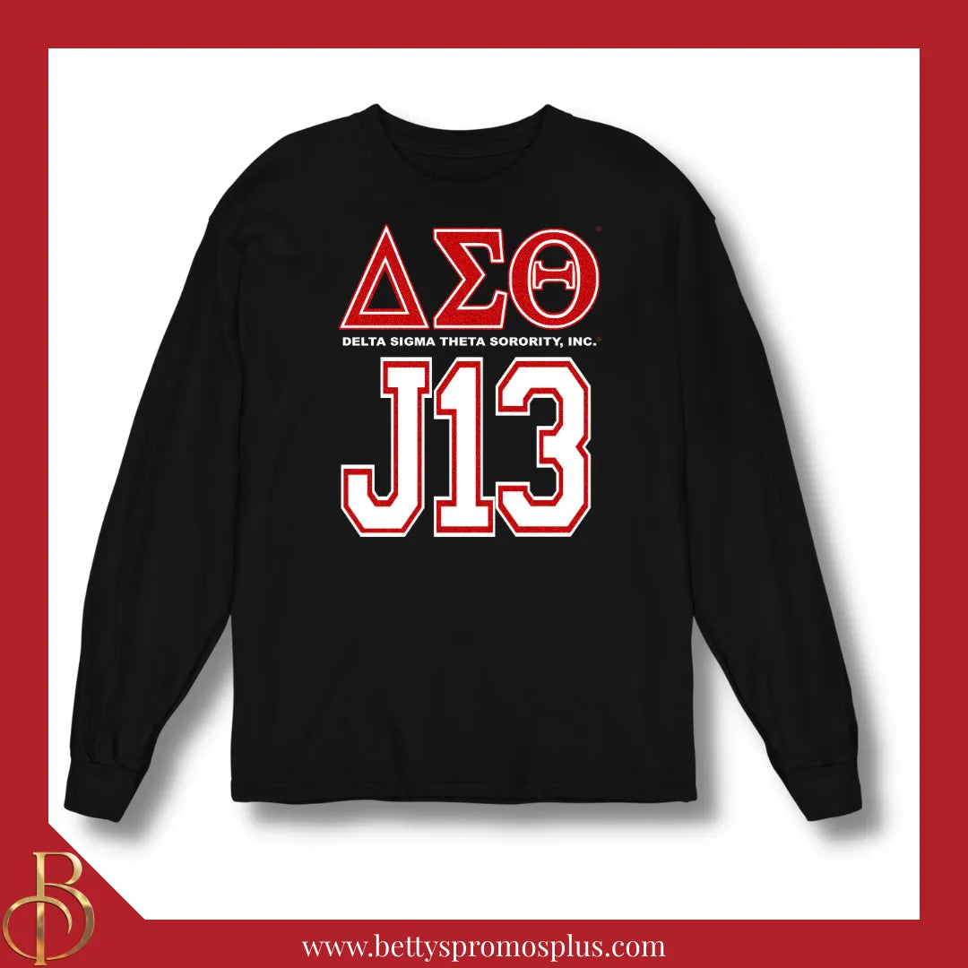 Delta Sigma Theta ΔΣΘ J13 GLITTER Screen Printed Long Sleeve T-Shirt-Delta Sigma Theta Paraphernalia-Delta Sigma Theta T-Shirts-Betty's Promos Plus