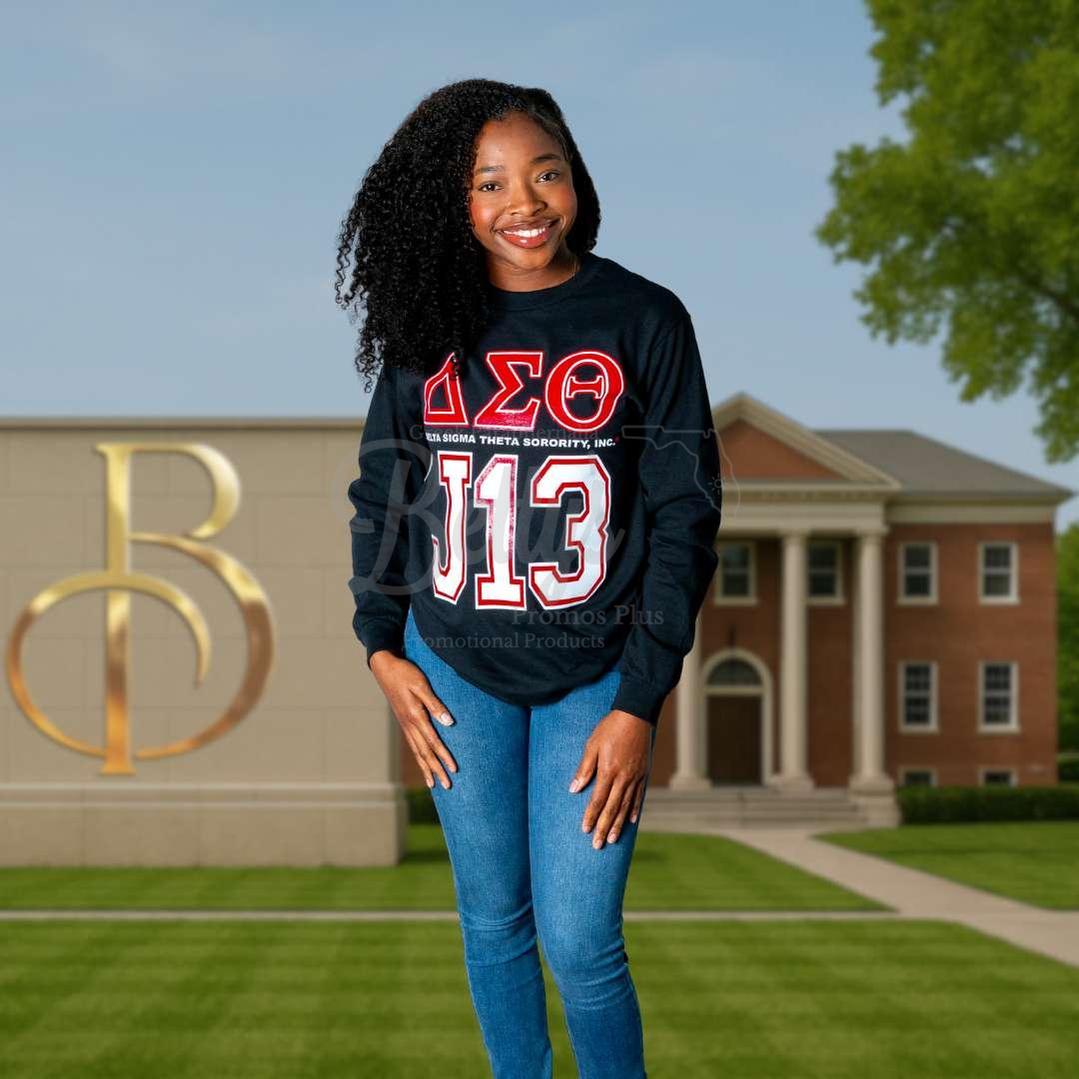 Delta Sigma Theta ΔΣΘ J13 GLITTER Screen Printed Long Sleeve T-Shirt-Delta Sigma Theta Paraphernalia-Delta Sigma Theta T-Shirts-Betty's Promos Plus
