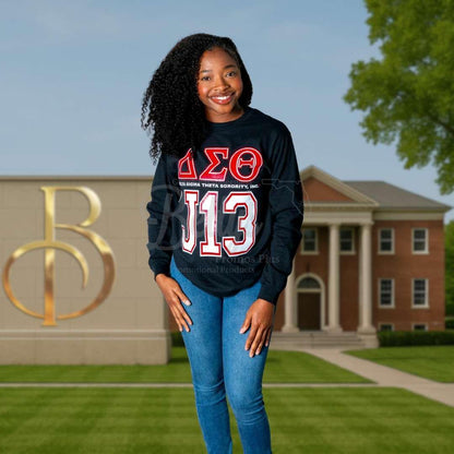 Delta Sigma Theta ΔΣΘ J13 GLITTER Screen Printed Long Sleeve T-Shirt-Delta Sigma Theta Paraphernalia-Delta Sigma Theta T-Shirts-Betty's Promos Plus